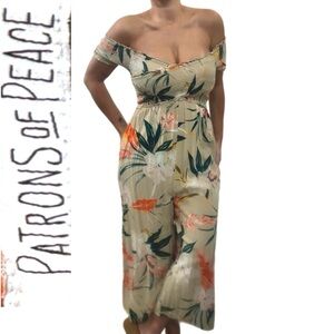 Patron of Peace Tropical Smocked Wide Leg Jumpsuit Resort Vacation Sz S